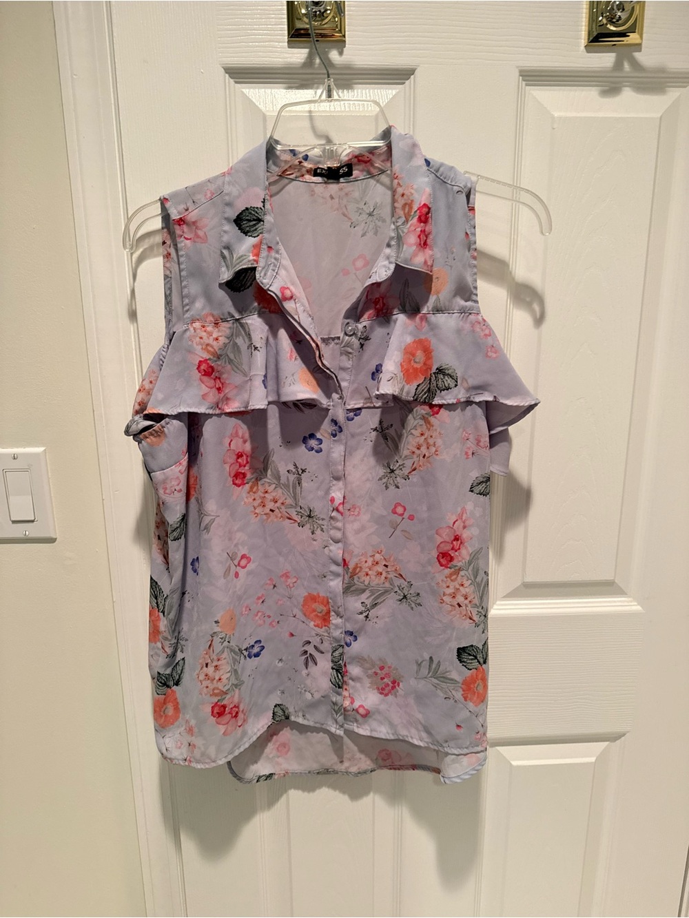 Express Lavender Floral Ruffle Sleeveless Shirt